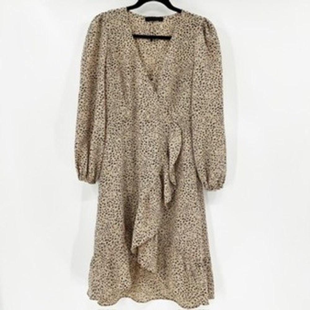 Sanctuary Leopard Print Wrap Midi Dress Long Sleeve Ruffle Tan Black‎ Women's